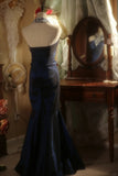 Elegant and Noble Navy Halter Beaded Mermaid Floor Length Prom Dress HZ1022
