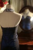 Elegant and Noble Navy Halter Beaded Mermaid Floor Length Prom Dress HZ1022