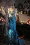 Vintage Beaded Strapless Blue Satin Gold Embroidery Train Prom Dress HZ1022