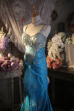 Vintage Beaded Strapless Blue Satin Gold Embroidery Train Prom Dress HZ1022