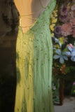 Fresh Green Chiffon Beaded Backless Mermaid Long Prom Dress HZ1022