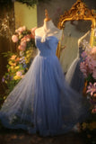 Elegant Blue Sweetheart Neckline Lace Patchwork A-line Floor-length Prom Dress HZ1022