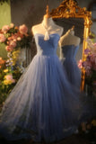 Elegant Blue Sweetheart Neckline Lace Patchwork A-line Floor-length Prom Dress HZ1022
