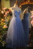 Elegant Blue Sweetheart Neckline Lace Patchwork A-line Floor-length Prom Dress HZ1022