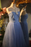 Elegant Blue Sweetheart Neckline Lace Patchwork A-line Floor-length Prom Dress HZ1022