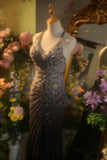 Elegant Gradient Gray Halter Neck Beaded Mermaid Prom Dress HZ1022