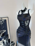 Stunning Black Mermaid Strap Lace Drawstring Prom Dress HZ1022