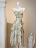 Beautiful Light Green Oil Painting Mermaid Spaghetti Strap Prom Dress HZ1022