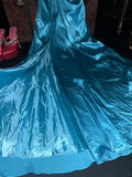 Elegant Blue Satin One Shoulder Beaded Slit Long Prom Dress HZ1022