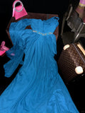 Vintage One Shoulder Chiffon Studded Beaded Stone Blue Long Prom Dress HZ1022
