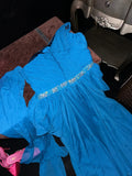 Vintage One Shoulder Chiffon Studded Beaded Stone Blue Long Prom Dress HZ1022