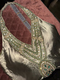 Vintage Green Halter Beaded Satin Long Prom Dress HZ1022