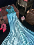 Vintage Blue Satin Beaded Halter Neck Long Prom Dress HZ1022
