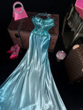 Vintage Blue Satin Beaded Halter Neck Long Prom Dress HZ1022