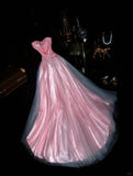 Cute Pink Strapless Beaded Tulle Princess Prom Dress HZ1022