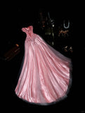 Cute Pink Strapless Beaded Tulle Princess Prom Dress HZ1022