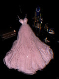 Cute Pink Spaghetti Strap Glitter Tulle Herringbone Puffy Prom Dress HZ1022