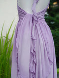 Flowing Chiffon Backless Purple Halter Neck Ruffled Long Prom Dress HZ1022