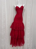 Beautiful Red Sling Lace Waist Ruffle Cake Skirt Prom Dress HZ1022