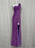 Charming Purple Sequined High Slit Long Prom Dress HZ1022