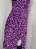 Charming Purple Sequined High Slit Long Prom Dress HZ1022