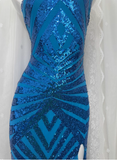 Elegant Blue Sequined Sling Slit Simple Long Prom Dress HZ1022