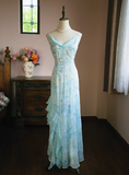 Fresh Blue Sling Neckline Suspender Chiffon Mermaid Prom Dress HZ1022