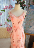 Beautiful Pink Printed Oil Painting V-neck Chiffon Mermaid Prom Dress HZ1022