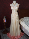 Vintage Beige Beaded Backless 3D Flower Gradient Long Prom Dress HZ1022