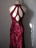 Vintage Deep V Neck Burgundy Velvet Long Prom Dress HZ1022