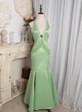 Retro Light Green Water Drop Beaded Deep V Backless Mermaid Satin Prom Dress HZ1022
