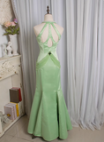 Retro Light Green Water Drop Beaded Deep V Backless Mermaid Satin Prom Dress HZ1022