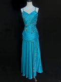 Vintage Blue Beaded Spaghetti Strap Satin Long Prom Dress HZ1022