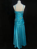 Vintage Blue Beaded Spaghetti Strap Satin Long Prom Dress HZ1022