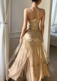 Flowing Champagne V-Neck Beaded Chiffon Tassel Prom Dress HZ1022