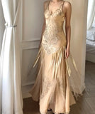 Flowing Champagne V-Neck Beaded Chiffon Tassel Prom Dress HZ1022