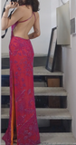 Beautiful Pink Backless Halter Neck High Slit V-neck Prom Dress HZ1022