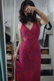 Beautiful Pink Backless Halter Neck High Slit V-neck Prom Dress HZ1022