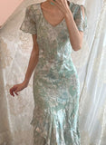 Elegant Light Green Short Sleeve Printed Chiffon Long Prom Dress HZ1022