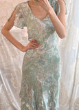 Elegant Light Green Short Sleeve Printed Chiffon Long Prom Dress HZ1022