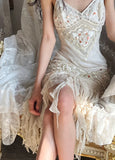 Vintage White V-neck Spaghetti Straps Beaded Earrings Curled Hem Prom Dress HZ1022