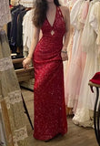 Sexy Red Sequined Halter Neck Backless Slit Long Prom Dress HZ1022