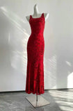Stunning Red Square Neck Sleeveless Beaded Mermaid Prom Dress HZ1022