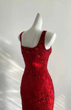 Stunning Red Square Neck Sleeveless Beaded Mermaid Prom Dress HZ1022