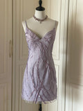 Elegant V-neck Purple Sequin Spaghetti Strap Mini Homecoming Dress HZ1022