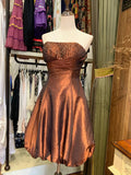Vintage Beaded Strapless Satin Flower Bud Skirt Homecoming Dress HZ1022