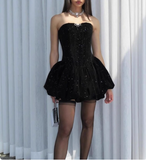 Sparkling Strapless Black Sequined Princess Mini 17th Birthday Homecoming Dress HZ1022