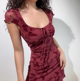 Retro Sexy Square Neck Printed Ruffled Burgundy 19th Birthday Homecoming Dress HZ1022