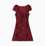 Retro Sexy Square Neck Printed Ruffled Burgundy 19th Birthday Homecoming Dress HZ1022