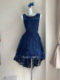 Elegant Navy Blue Shoulder Strap Sleeveless Embroidered Short Front And Long Back Homecoming Dress HZ1022